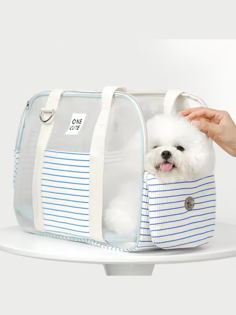 Chic Stripe Pet Carrier Bag with Breathable Mesh Design