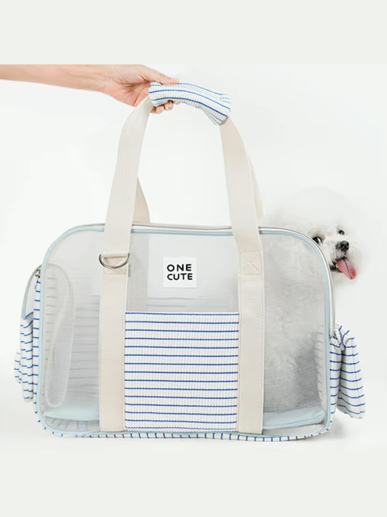Chic Stripe Pet Carrier Bag with Breathable Mesh Design